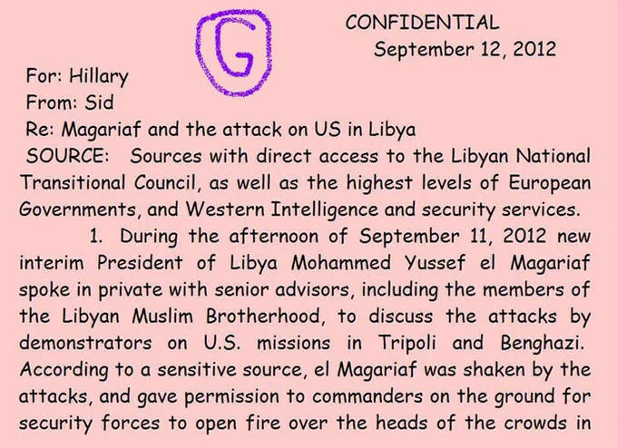 A page from a leaked Sidney Blumenthal memo sent to Hillary Clinton, highlighted amid the controversy over her private email server.