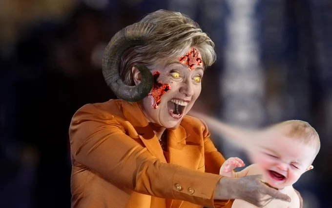 A satirical Photoshop meme depicting Hillary Clinton as a demonic figure, typical of political attack imagery circulated during the 2016 election.