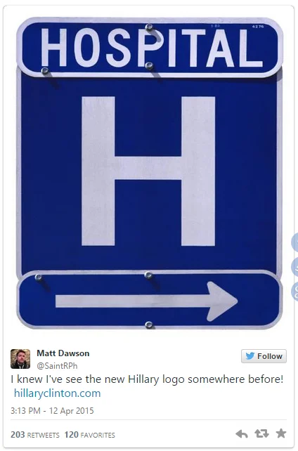 A viral tweet mocking the resemblance between Hillary Clinton's new campaign logo and standard hospital signage.