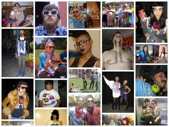 A collage highlighting the diverse yet recognizable range of hipster fashion, from vintage clothing and thick-rimmed glasses to elaborate facial hair and ironic accessories.