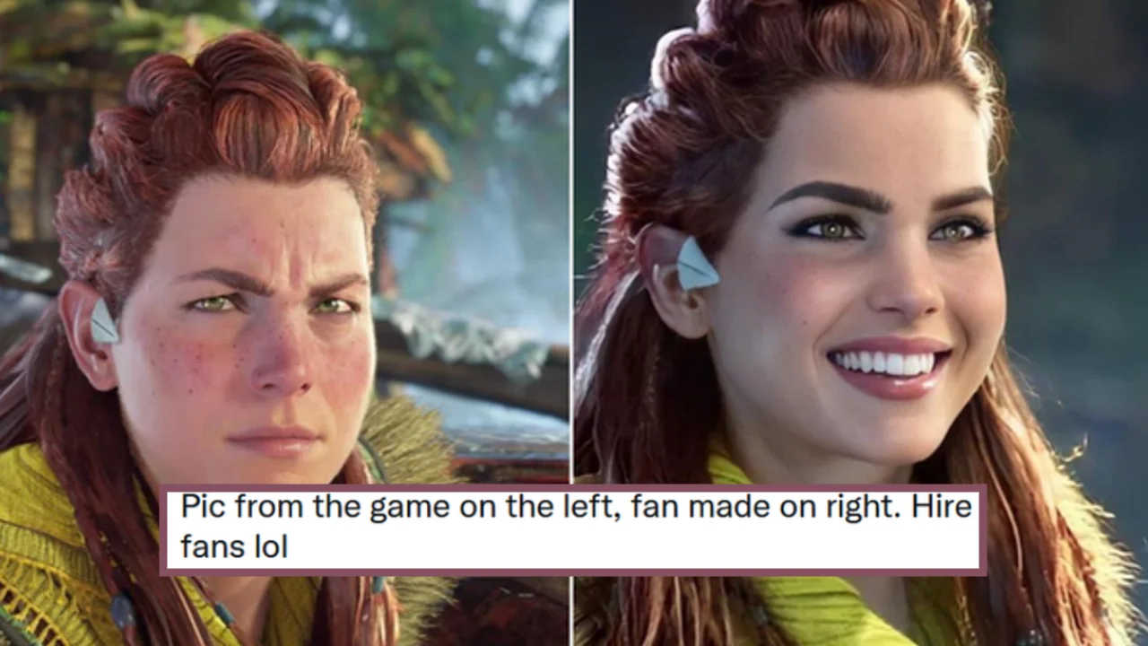 The original 'Hire fans lol' tweet comparing Horizon Forbidden West's Aloy to a fan-edited version that sparked the meme.