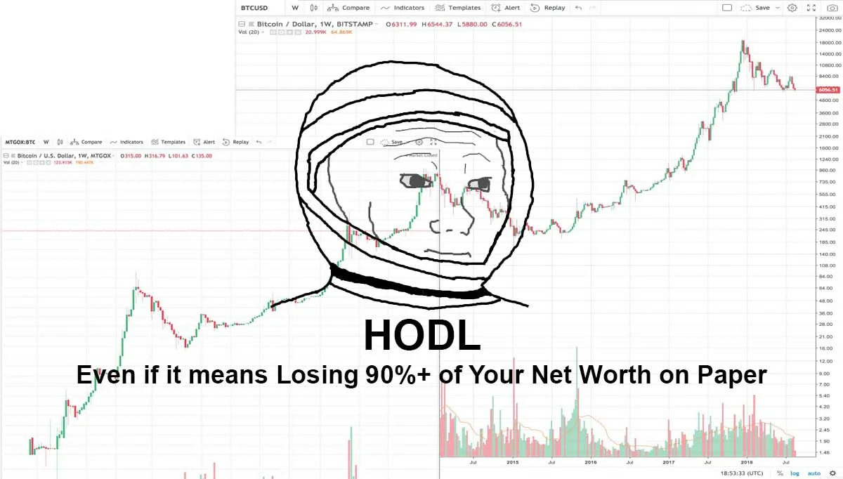 Humorous representation of extreme dedication to HODL despite losses.