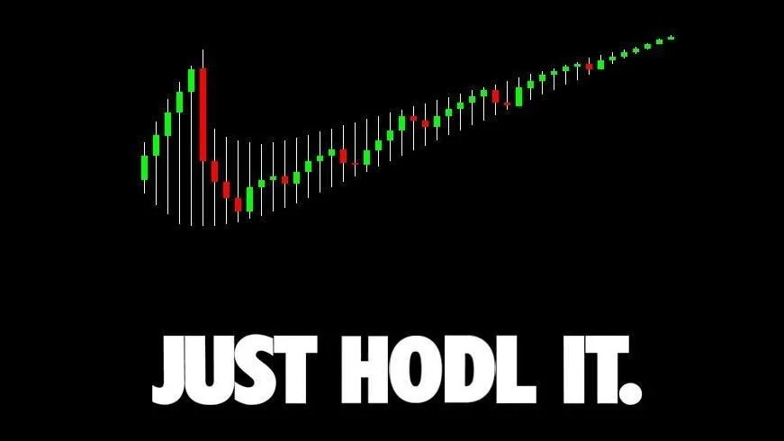 The canonical HODL template with trading chart and motivational text.