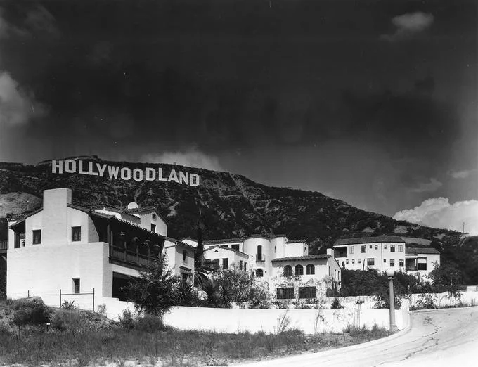 The original 'HOLLYWOODLAND' sign, erected in 1923 as an advertisement for a real estate development, before the 'LAND' was removed in 1949.