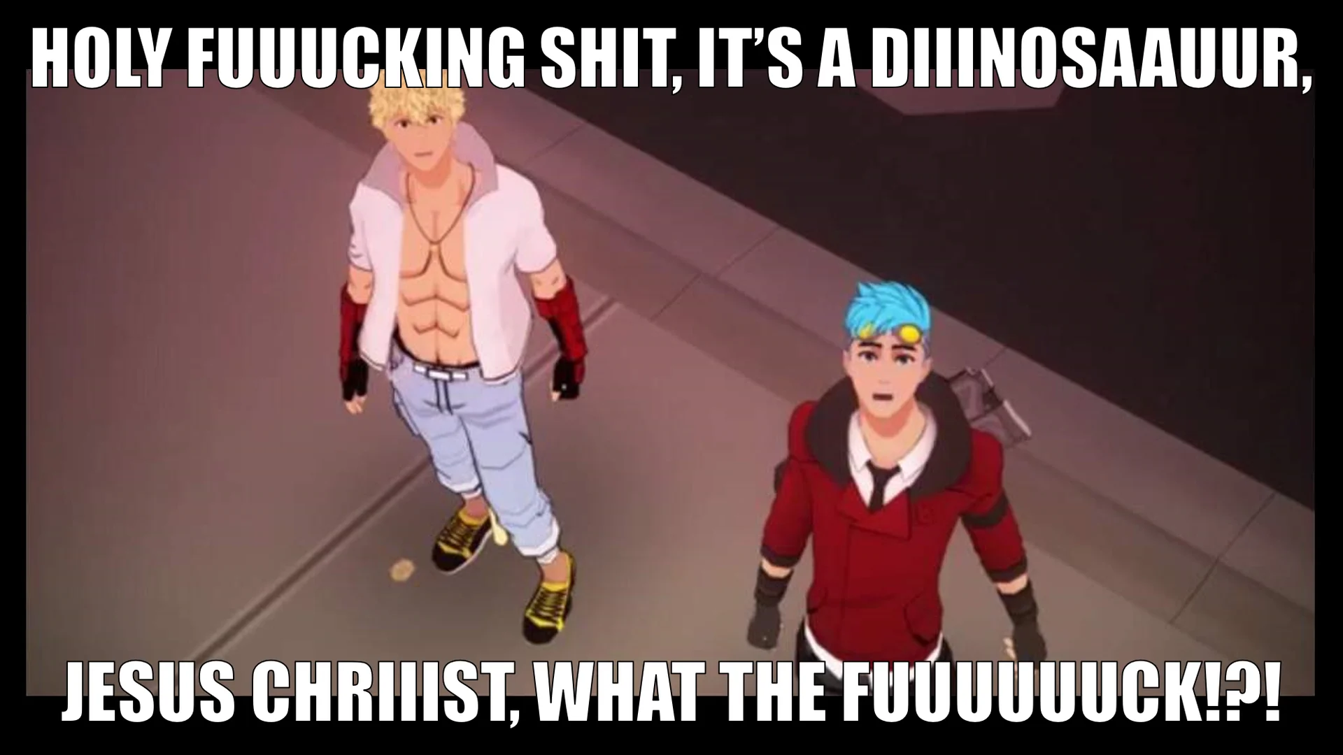 A cartoon-style meme edit applying the 'Holy Shit It's a Dinosaur' outburst to two stunned animated characters.
