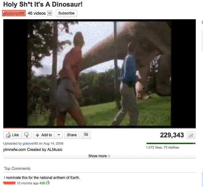 Screenshot of the original 2006 YouTube upload 'Holy Sh*t It's A Dinosaur!' that popularized the meme, with the famous top comment nominating it as 'the national anthem of Earth.'