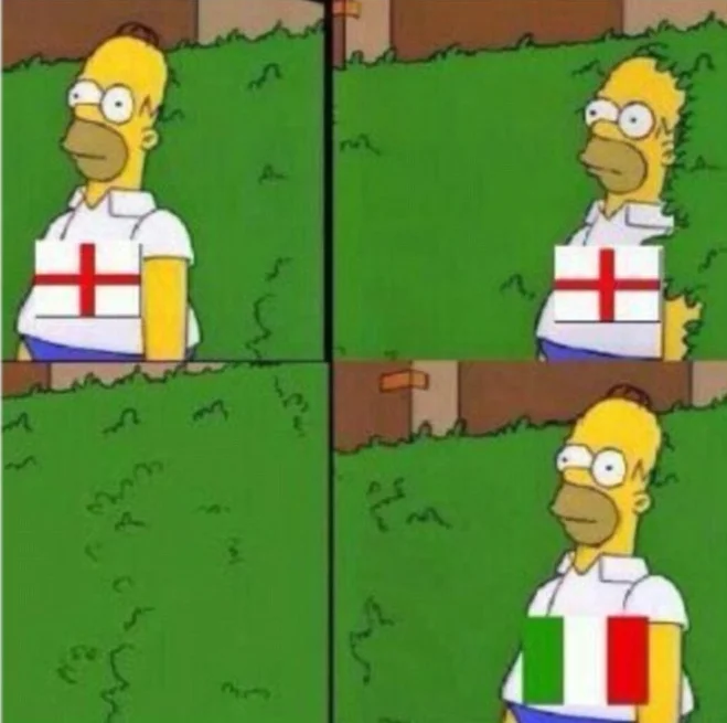Football fandom remix of the Homer-backs-into-bushes meme depicting a fan switching from England to Italy support.