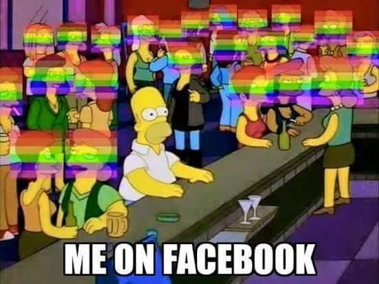 A 'Me on Facebook' variant using rainbow pride-flag censor bars over the surrounding characters.