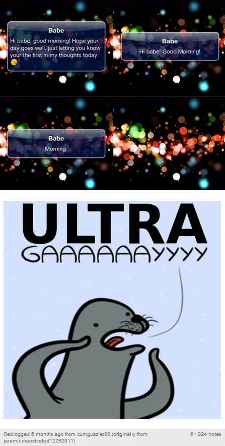 A Tumblr post using the 'ULTRA GAY' Homophobic Seal variant in response to a sappy text message exchange.