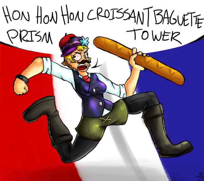 Stereotypical French character with hon hon hon laugh and stereotypes.