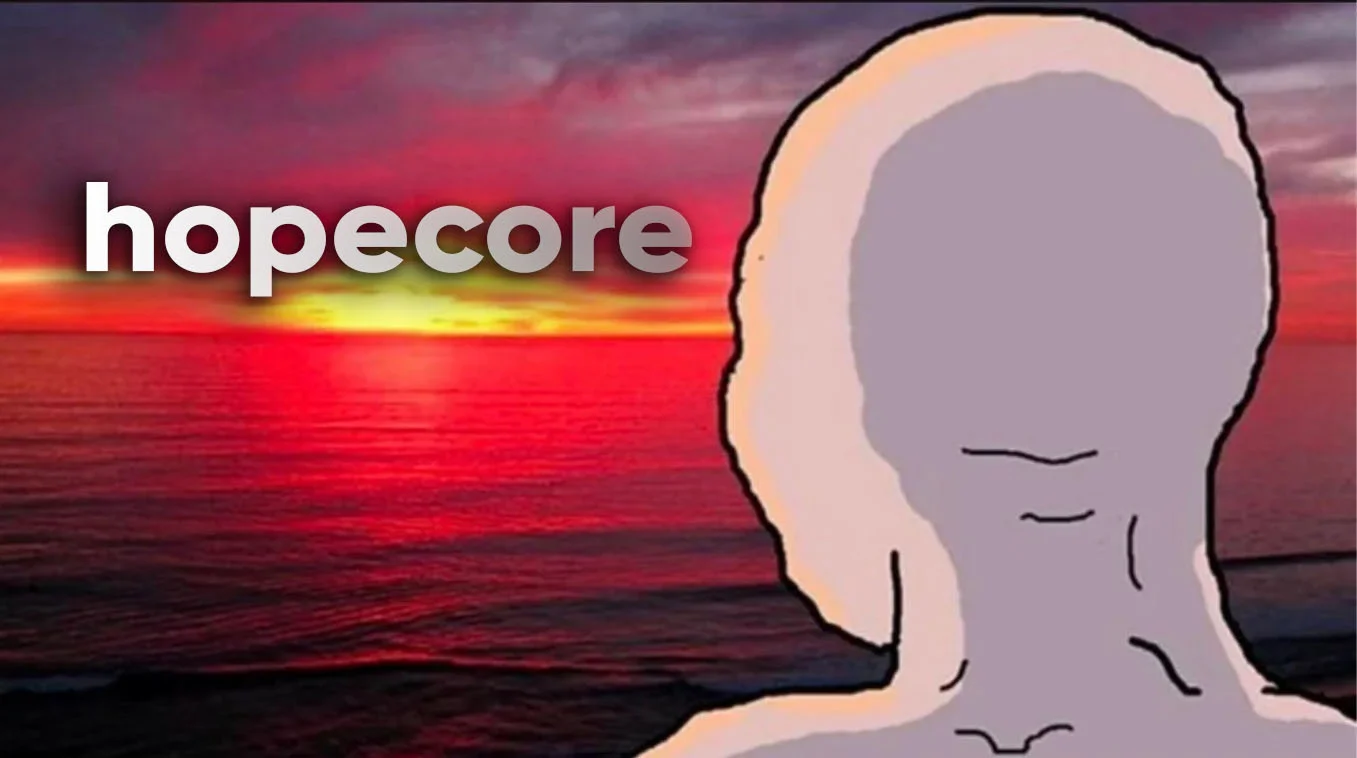 The iconic Hopecore image featuring a serene Wojak figure contemplating a beautiful sunset, exemplifying the aesthetic's blend of internet culture and uplifting imagery.