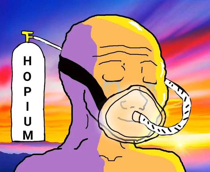 Character in euphoric state of hopium consumption with delivery apparatus.
