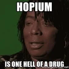 Parody of anti-drug PSA adapted to critique hopium consumption.