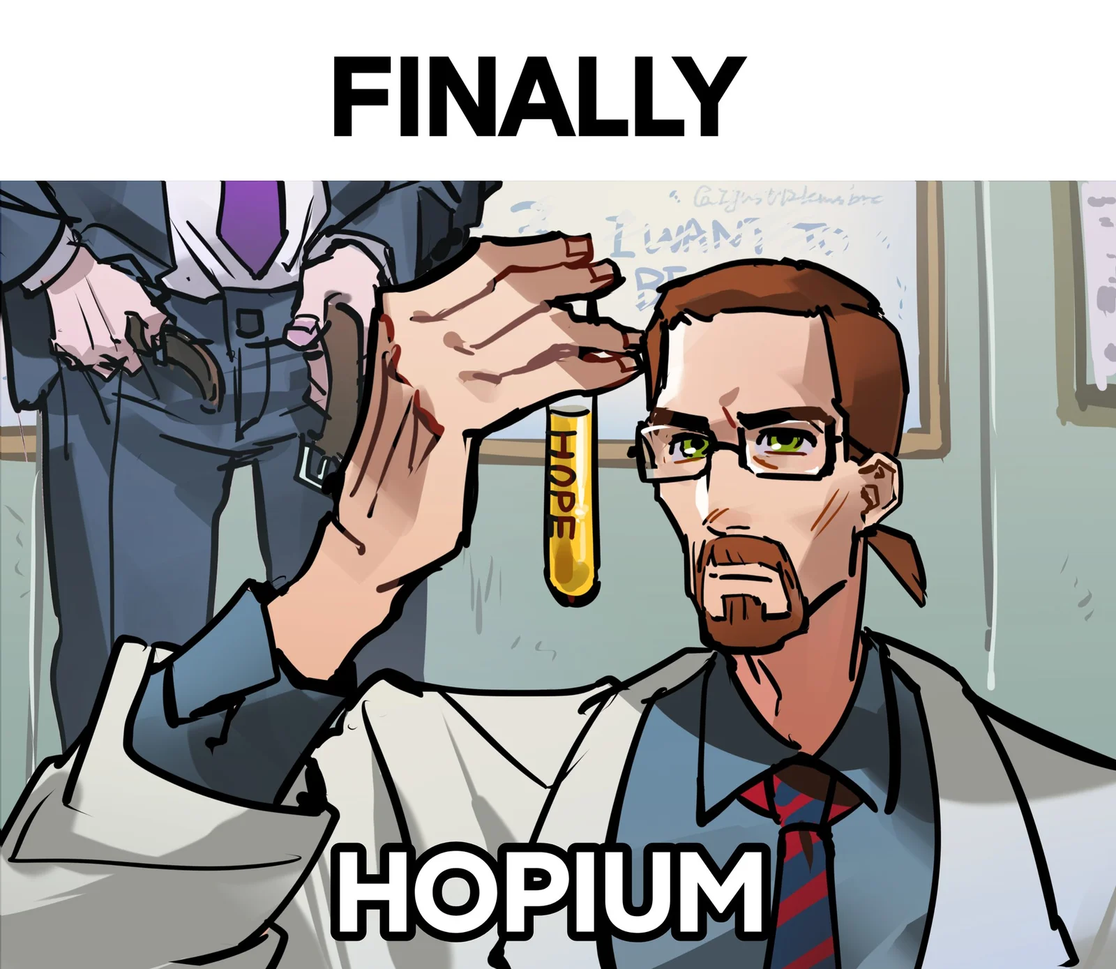 Hopium as injectable substance delivering addictive false hope.