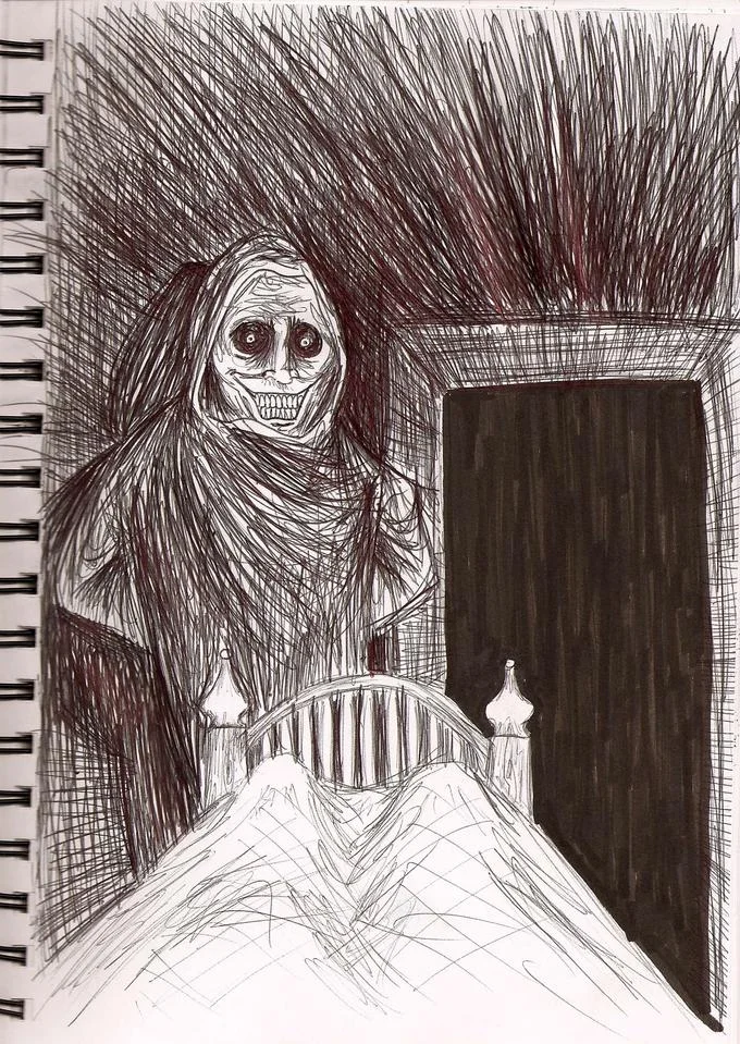 Extended sketchbook version of the Shadowlurker scene, depicting the ghostly figure watching over someone in bed.