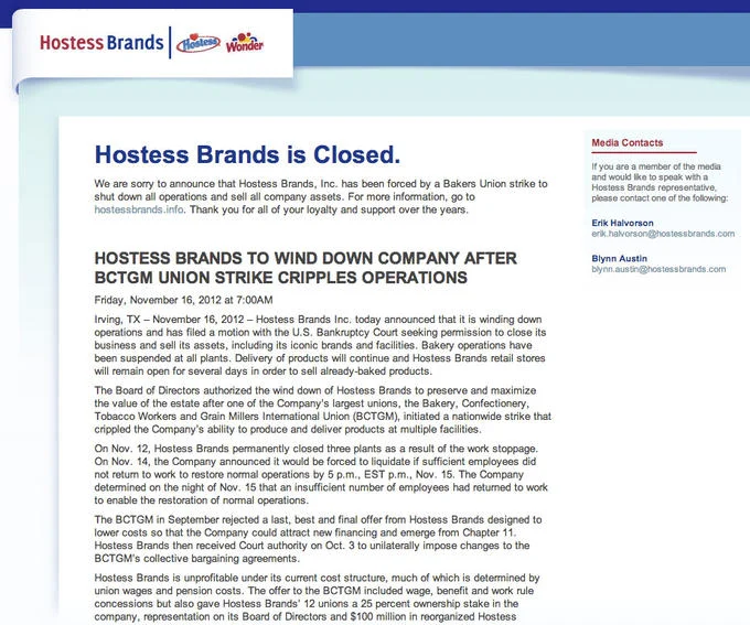 The official Hostess Brands press release from November 16, 2012 announcing the company was closing and liquidating all assets.