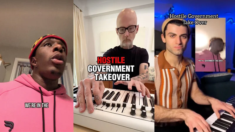 TikTok compilation showing viral remixes of the Hostile Government Takeover Song.