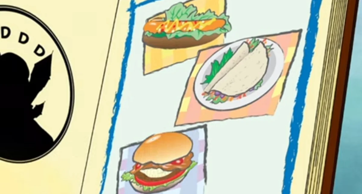 The original scene from 'Codename: Kids Next Door' featuring the now-iconic hot dog, taco, and hamburger illustrations.