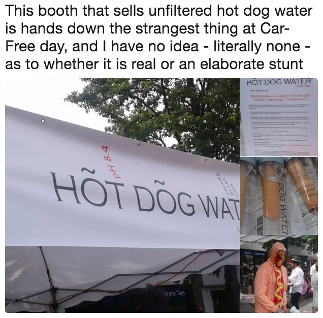 A viral social media reaction to the Hot Dog Water booth at Vancouver's Car-Free Day, expressing bewilderment over whether the stunt was real.