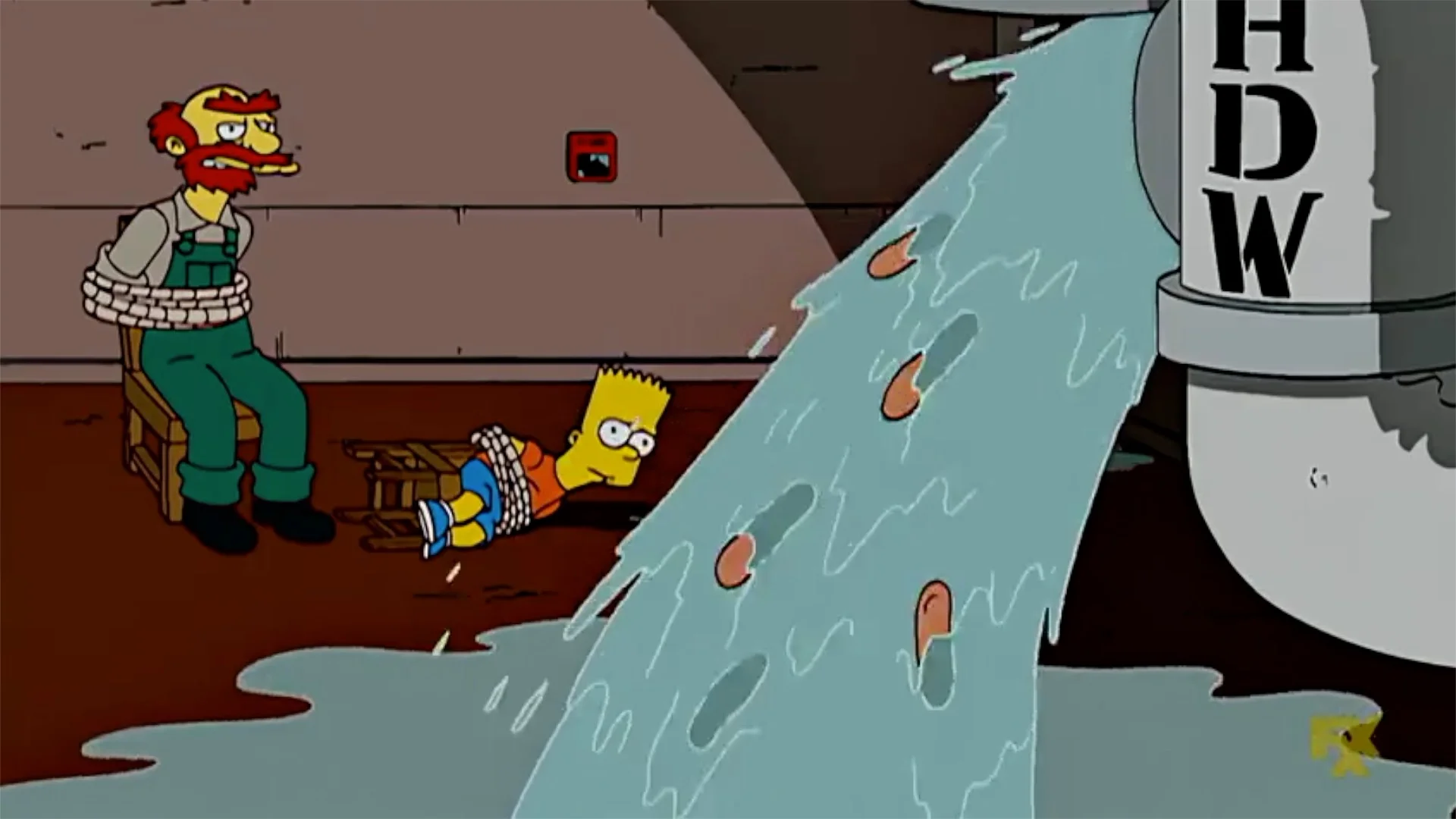 A screenshot from The Simpsons referencing 'HDW' (Hot Dog Water), showing hot dogs pouring out of a large industrial tank.