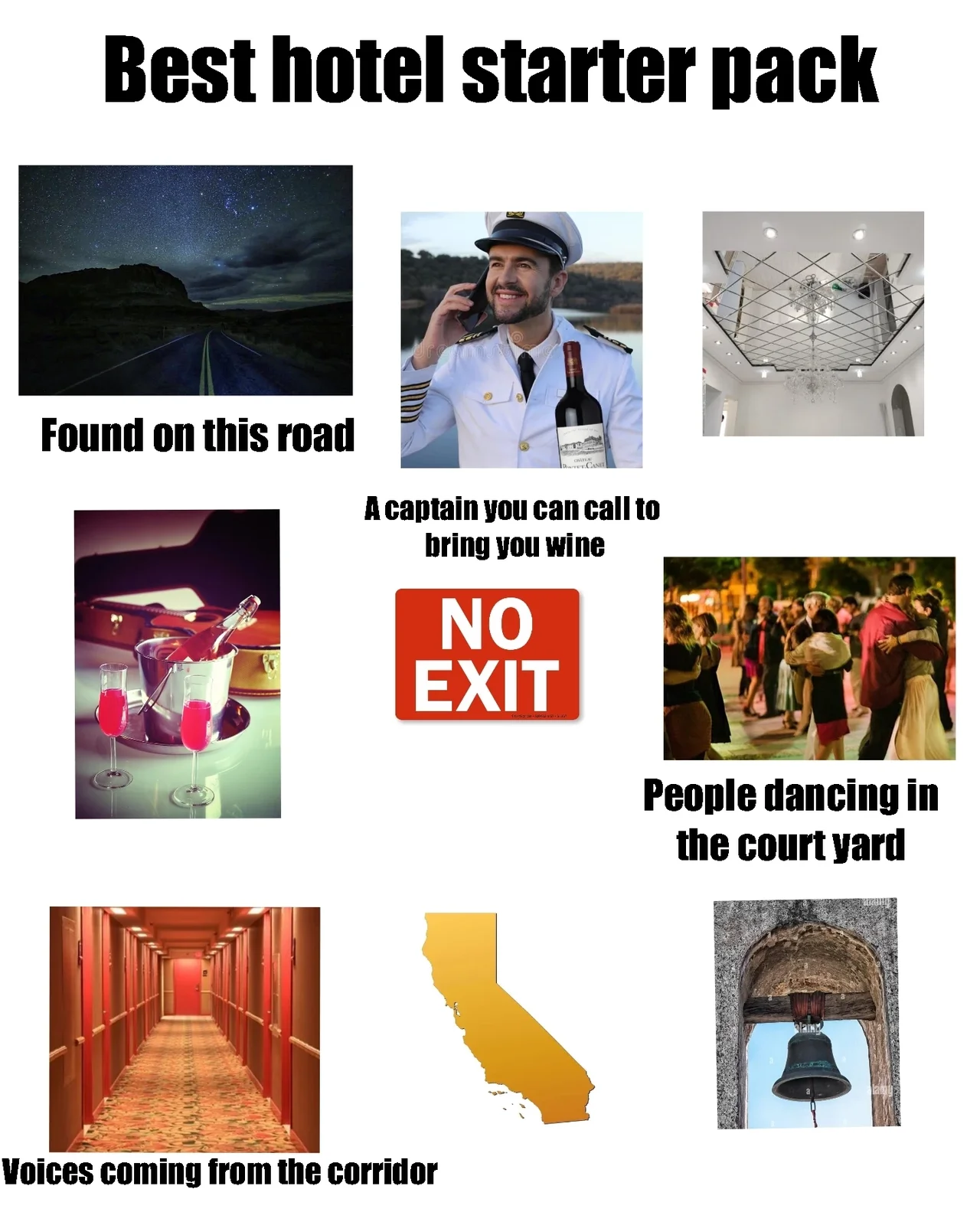 Hotel starter pack meme showcasing absurd guest experiences.