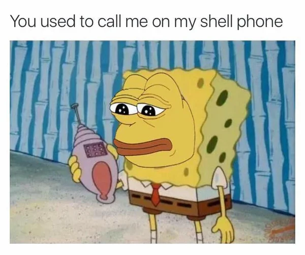 A popular Hotline Bling lyric parody replacing 'cell phone' with 'shell phone', featuring a SpongeBob and Pepe mashup.