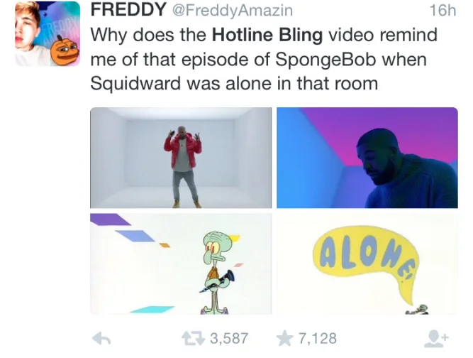 A viral tweet noting the visual similarity between Drake's Hotline Bling video and the SpongeBob 'Alone' episode featuring Squidward.