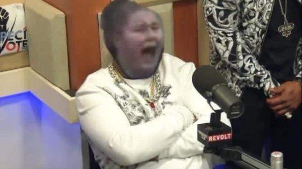 Face-swap remix placing road rage woman in radio studio setting.