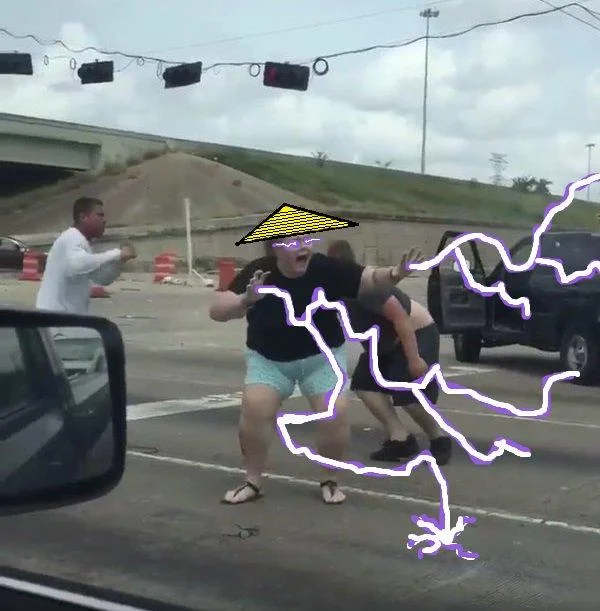 Road rage brawl footage with humorous wizard hat graphic overlay.