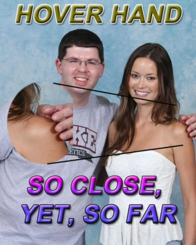 The unedited convention portrait that became the definitive hover-hand image, with the fan's hand suspended above Summer Glau's shoulder.