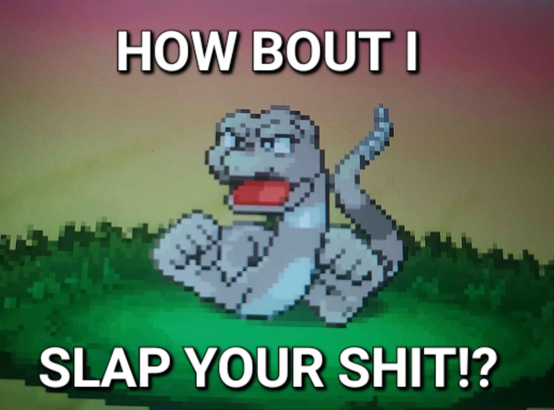 A Pokémon-themed remix of the meme, swapping David the Gnome for a Machop sprite mid-swing.