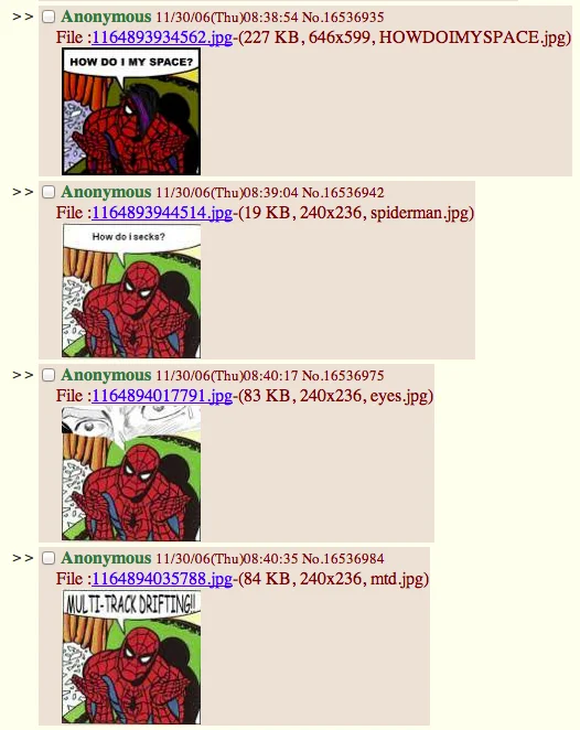 Screenshot of the 2006 4chan thread widely credited with popularizing the 'How Do I Shot Web' Spider-Man format.