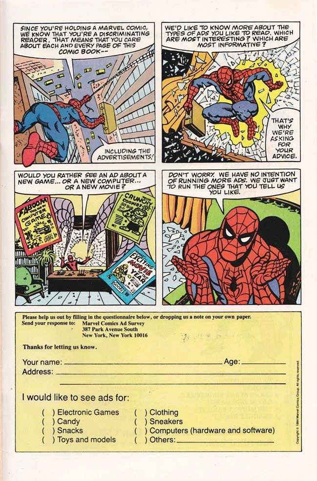 The complete 1984 Marvel Comics reader survey advertisement that originated the 'How Do I Shot Web' image macro.