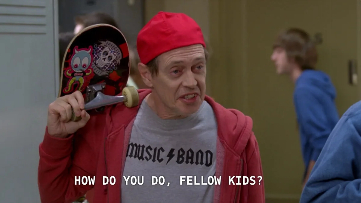 The iconic scene from 30 Rock where Steve Buscemi's character attempts to blend in with high school students, spawning the 'How do you do, fellow kids?' meme.