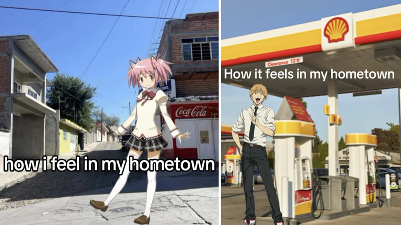 Banner image for the 'How I Feel In My Hometown' meme, pairing anime characters composited into ordinary hometown backdrops with the signature caption.