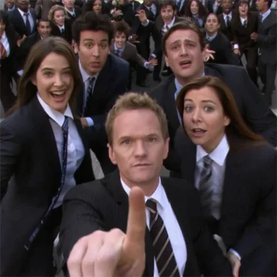 The main cast of How I Met Your Mother in a promotional group shot led by Neil Patrick Harris as Barney Stinson.