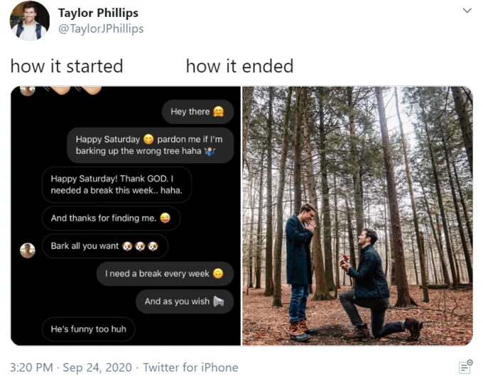 Romantic progression from initial message to proposal outcome.