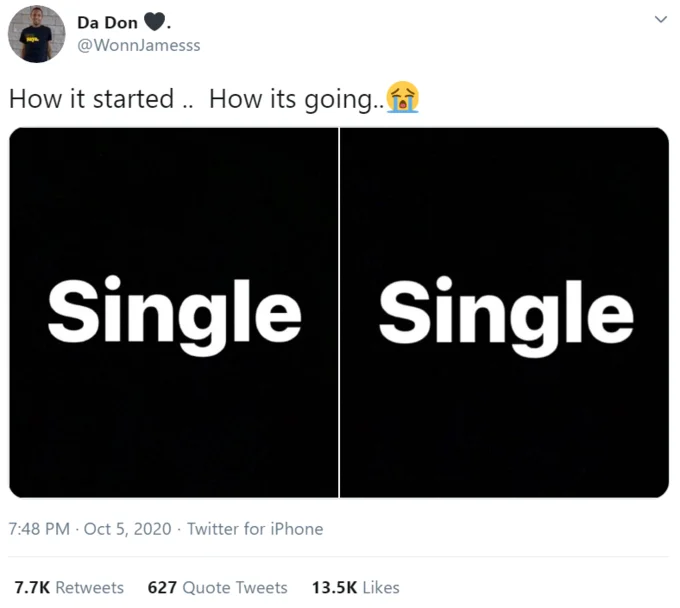 Humorous format highlighting lack of progression or change.