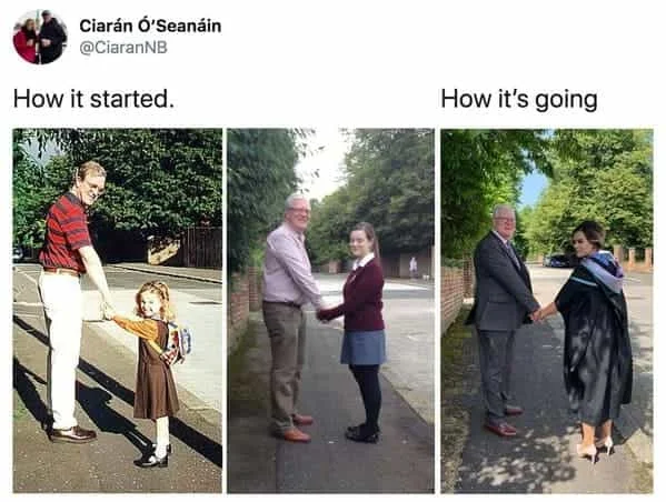 Multi-photo progression documenting relationships or friendships over time.