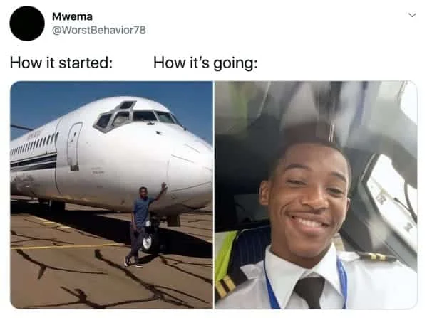 Classic career growth narrative using the meme format effectively.
