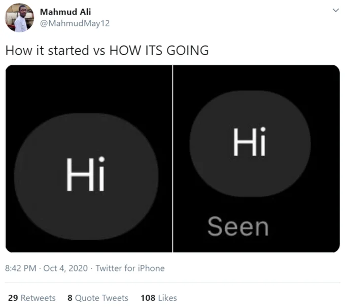 Minimalist meme documenting text communication progression.