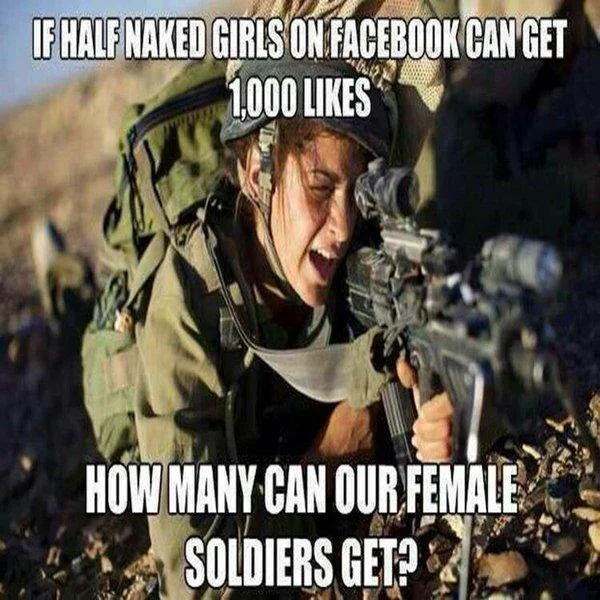 A predecessor variant of the 'Boys in Blue' format, using a female soldier image to solicit engagement on Facebook.