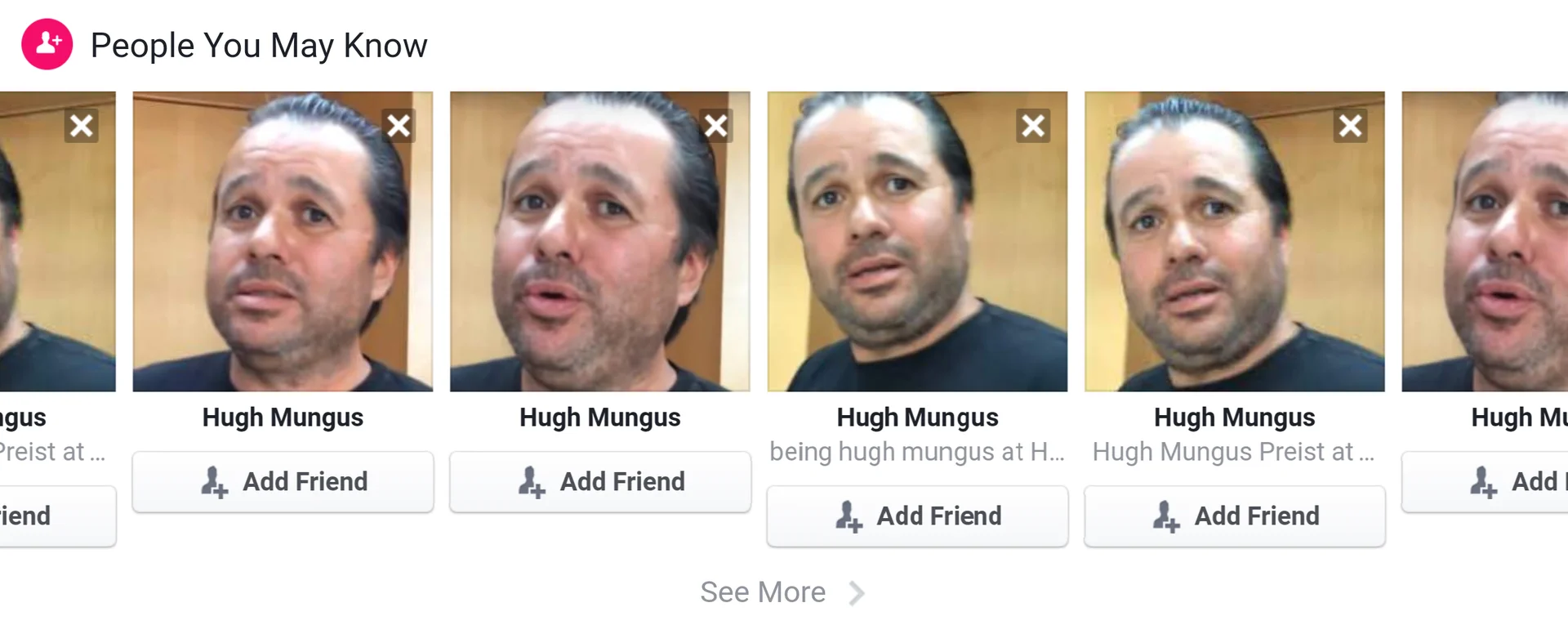 A Facebook suggestions panel populated with numerous troll accounts named Hugh Mungus, showing the meme's spread across social media.