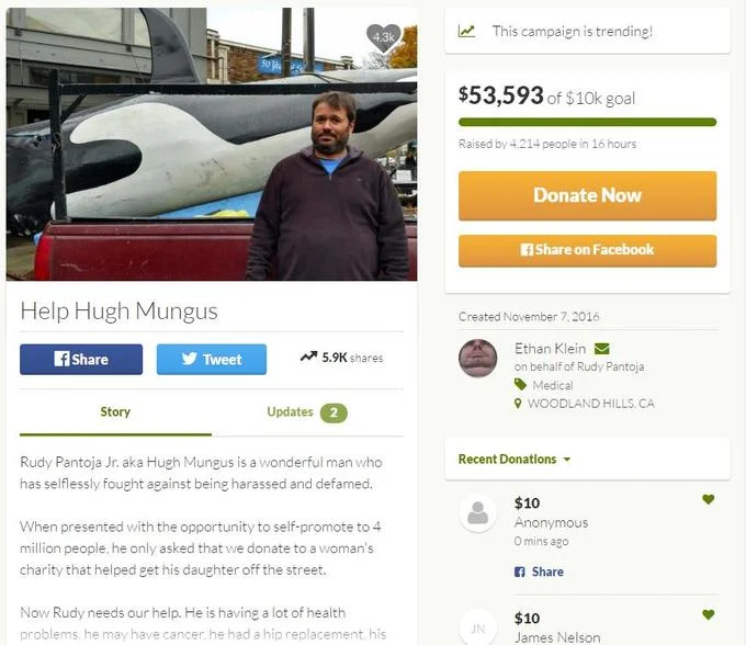 The 'Help Hugh Mungus' fundraiser launched by Ethan Klein of h3h3Productions raised over $53,000 for Rudy Pantoja Jr.
