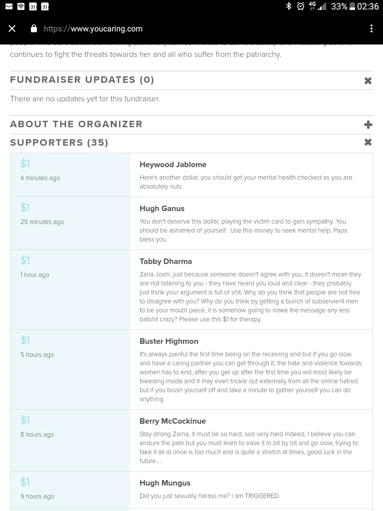Mobile screenshot showing the Zarna Joshi fundraiser flooded with troll donations from users with joke names including Hugh Mungus.