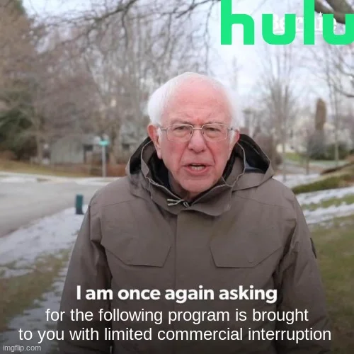 Bernie Sanders parodies Hulu commercial break announcement.