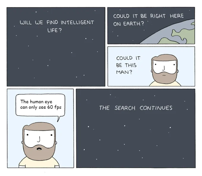 Alien meme format using FPS myth as humor punchline.