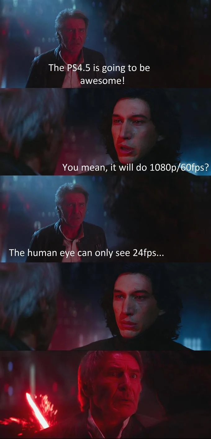 Dramatic meme debating console gaming FPS limitations and specs.