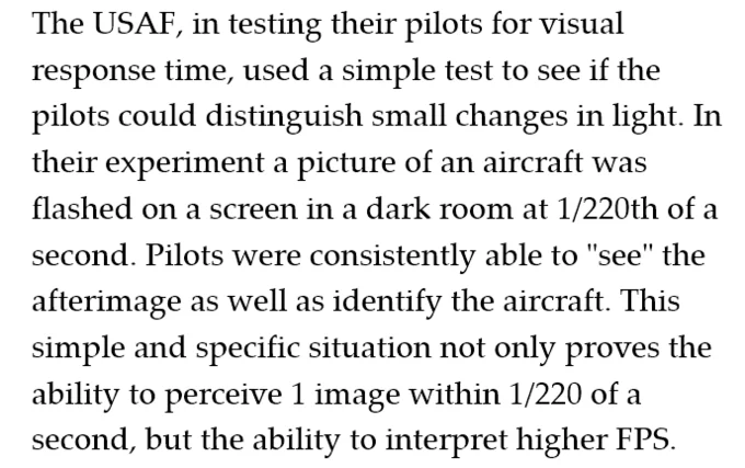Pilot perception study explaining human eye frame rate capabilities.