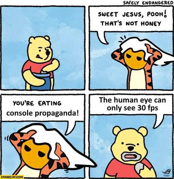 Winnie Pooh meme mocking false console FPS claims.
